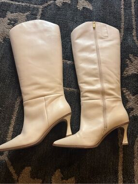 Vince Camuto Beige Knee-High Pointed Toe Leather Boots